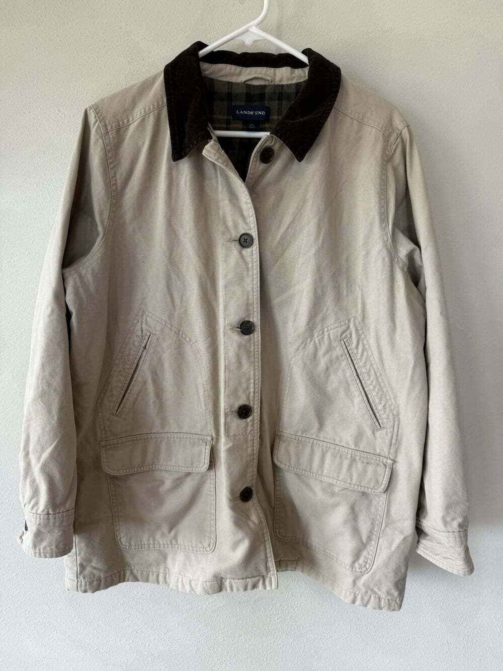 Vintage 90s Lands End Khaki Beige Barn Chore Jacket Coat Buttons Womens L 14/16